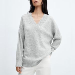 Mango Oversized V Neck Sweater, Light Heather Grey, Size XS